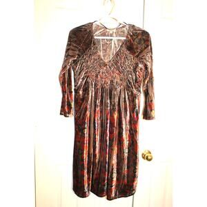 One World Brown Paisley Print Velvet V-Neck Dress sz M
